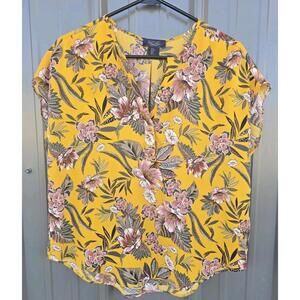 Rachel Roy Women's Small Blouse Multicolor Linen Rayon Floral V-Neck Pullover